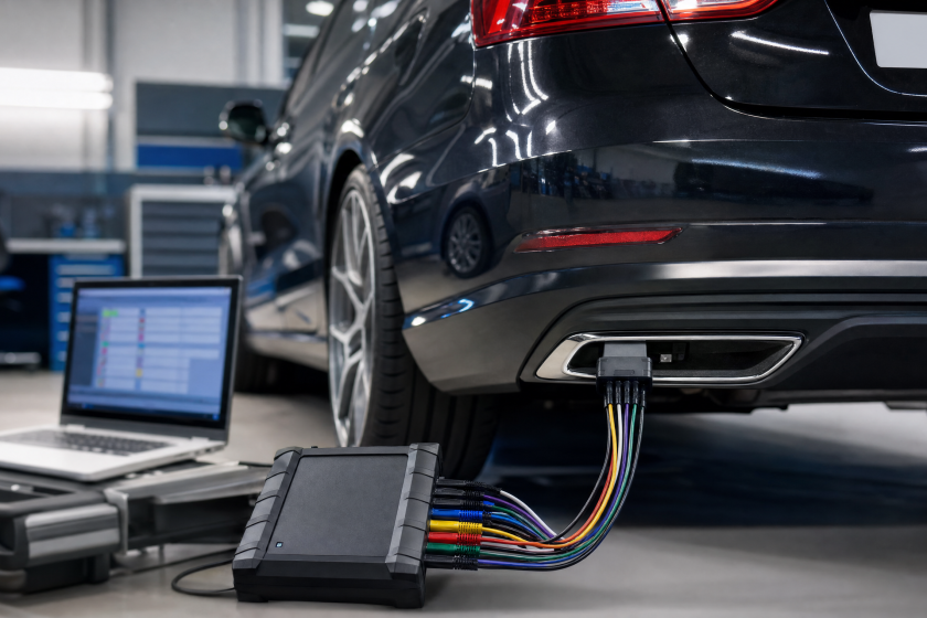 Multiplexer de diagnoză Mercedes Star cu cabluri conectat la o mașină, cu laptop cu software Xentry