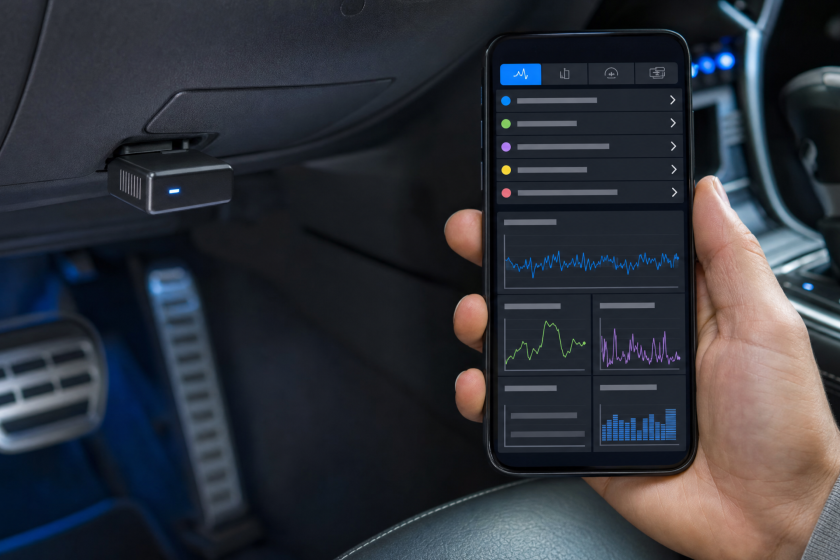 Adaptor OBD2 pentru FORScan conectat la mașină și un smartphone cu aplicația de diagnoză Ford