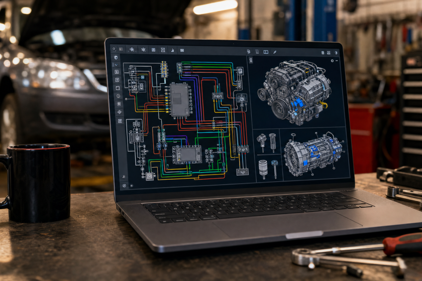 Laptop cu software de reparații auto arătând scheme electrice și ilustrații tehnice, pe un banc de lucru