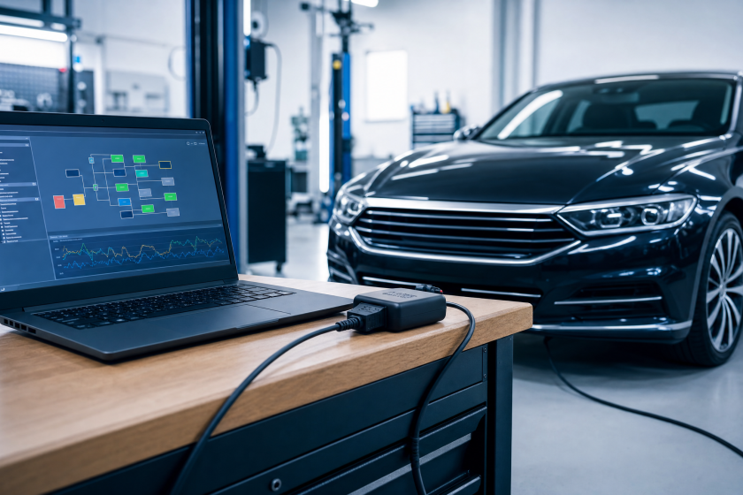 Laptop cu software de diagnoză și codare conectat printr-o interfață OBD la o mașină, într-un service