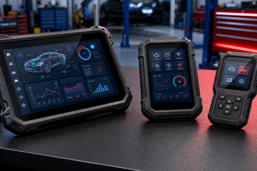 Trei testere auto de diagnoză de dimensiuni diferite alăturate pentru comparație: Autel, Launch X431 și Topdon