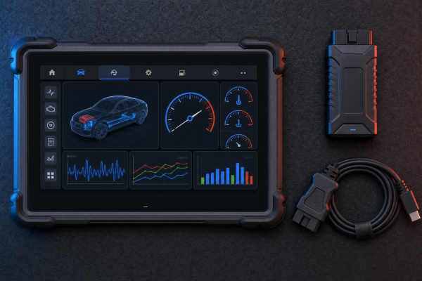 Tester Launch X431 — tabletă de diagnoză auto cu modul VCI OBD2 și cablu, dispuse ca flat lay