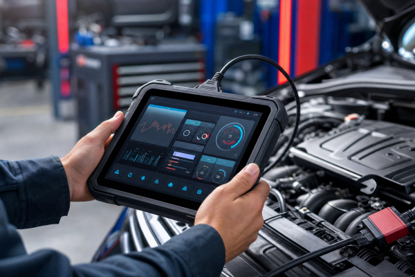 Tester auto de diagnoză cu meniu în limba română conectat la motorul unei mașini într-un service