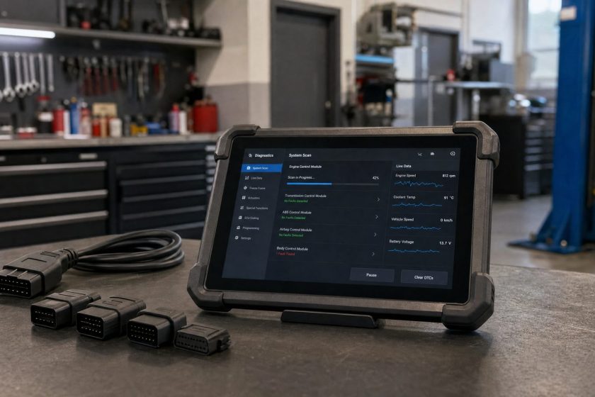 Tester de diagnoză auto pe bancul de lucru din atelier